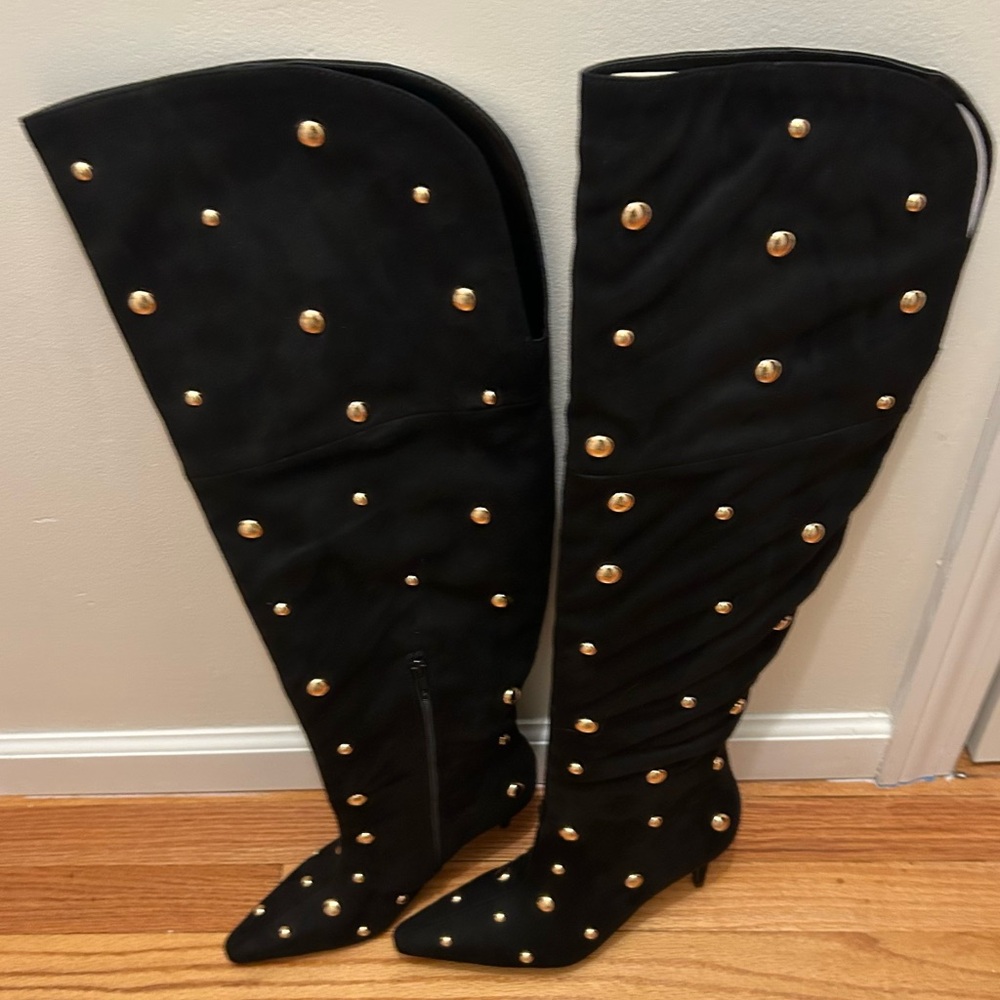 INC International Concepts Black Over-the-Knee Boots with Gold Studs